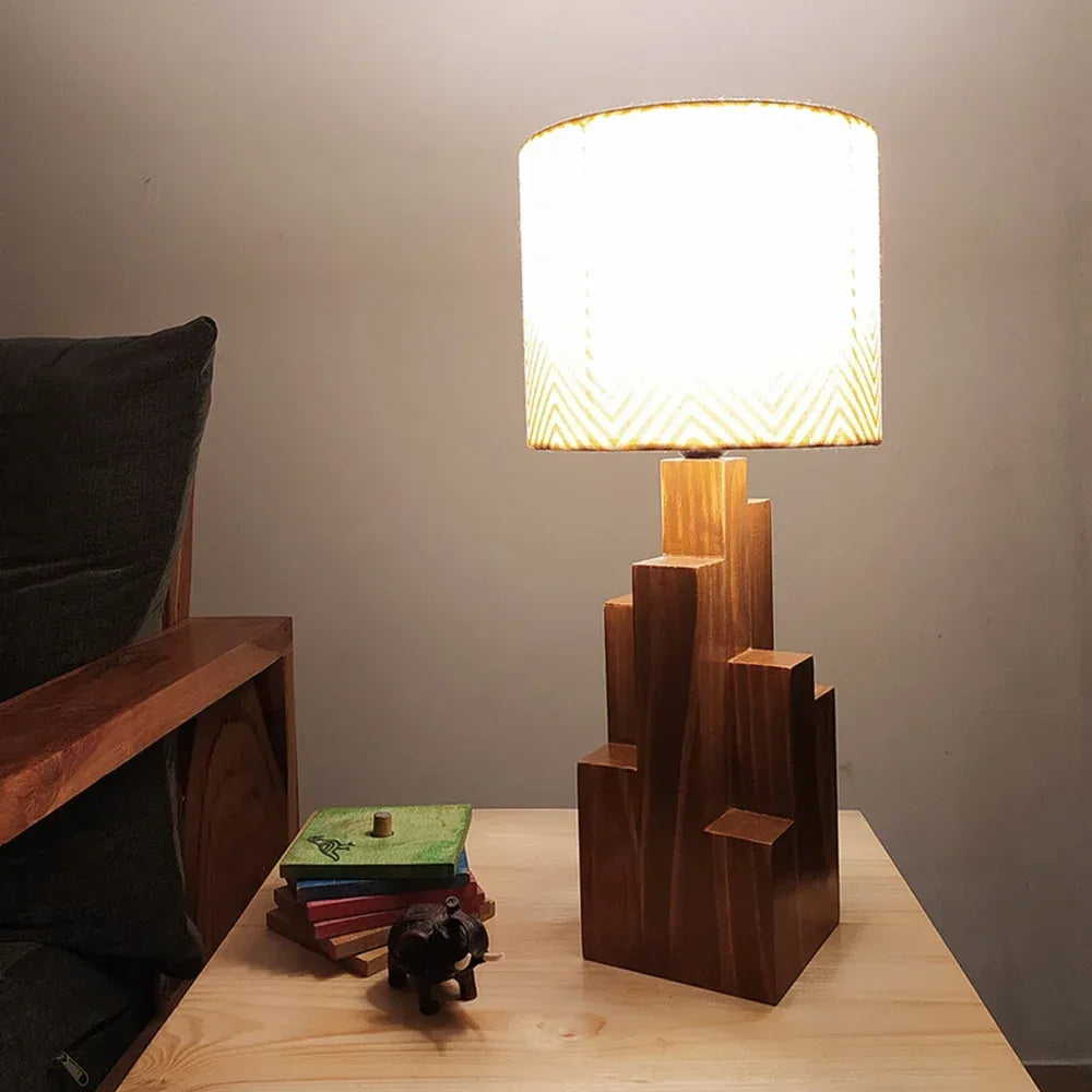 Skyline Brown Wooden Table Lamp with Yellow Printed Fabric Lampshade - ArtyCraftz.com