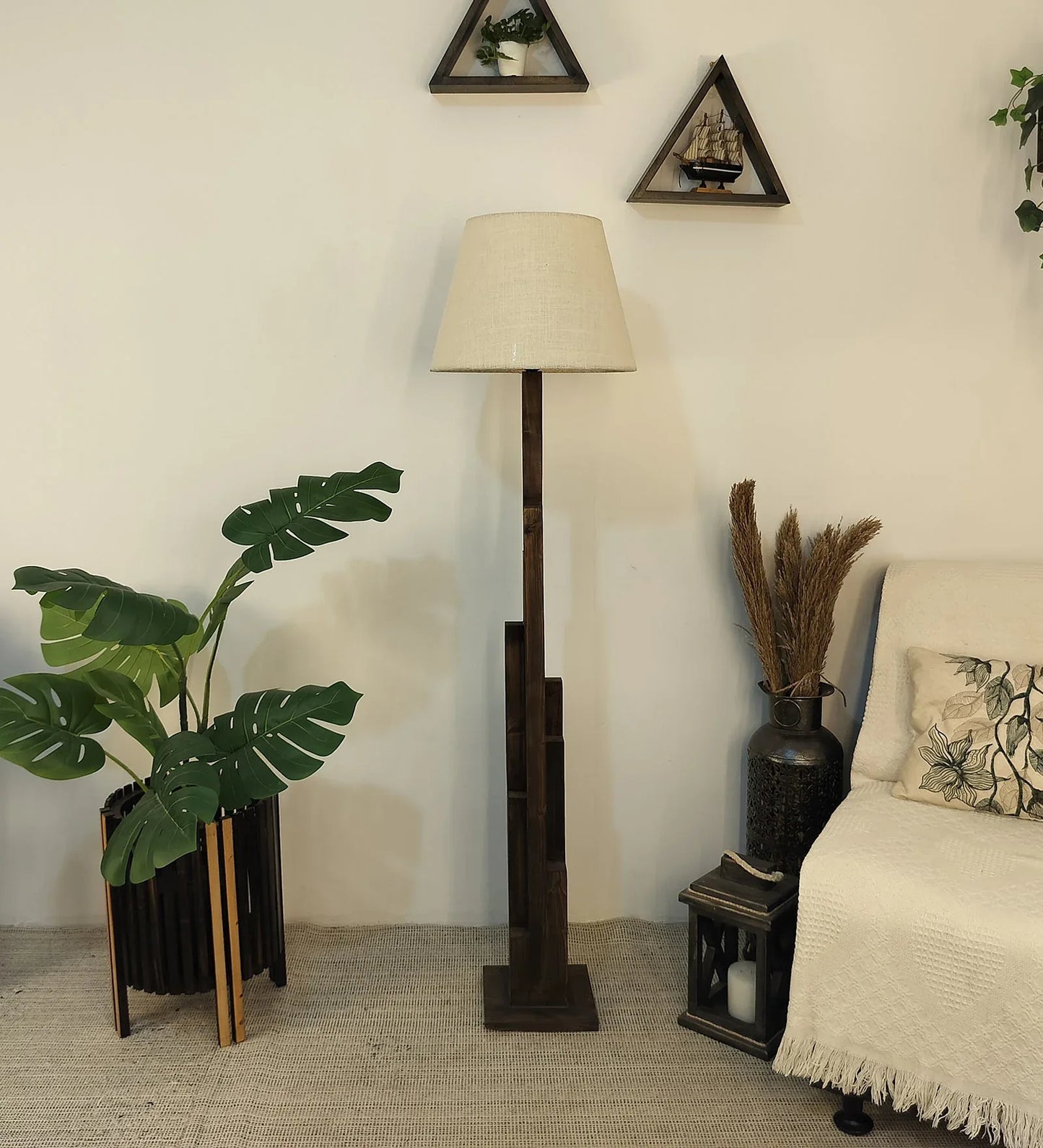 Skyline Wooden Floor Lamp with Beige Base and Printed Fabric Lampshade - ArtyCraftz.com