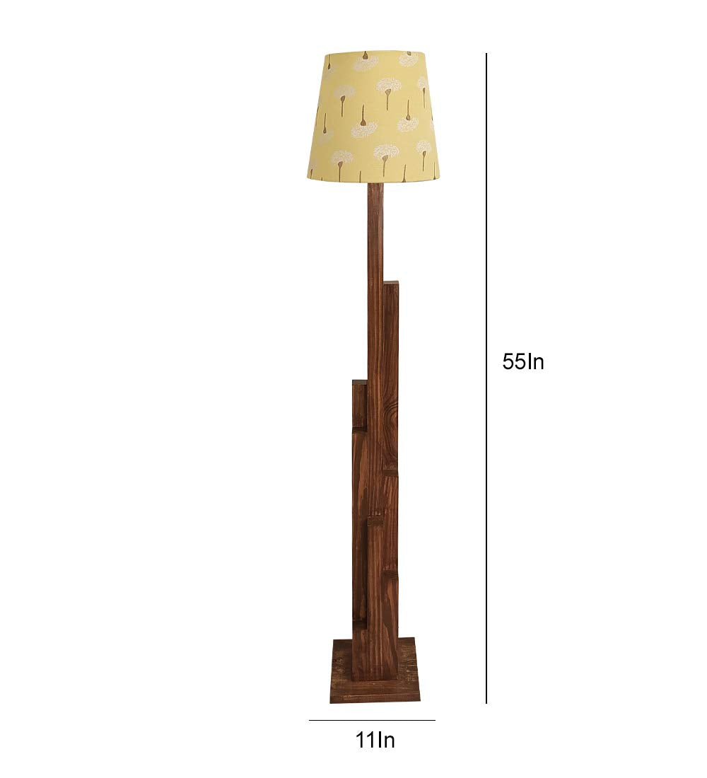 Skyline Wooden Floor Lamp with Brown Base and Yellow Fabric Lampshade - ArtyCraftz.com