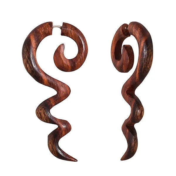 Snake Spiral Wood Fake Gauges Earrings 2.6" - ArtyCraftz.com