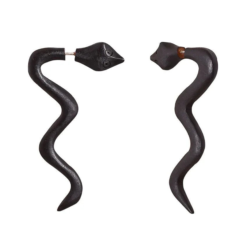 Snake Tribal Fake Gauge Black Wooden Earrings 2.5" - ArtyCraftz.com