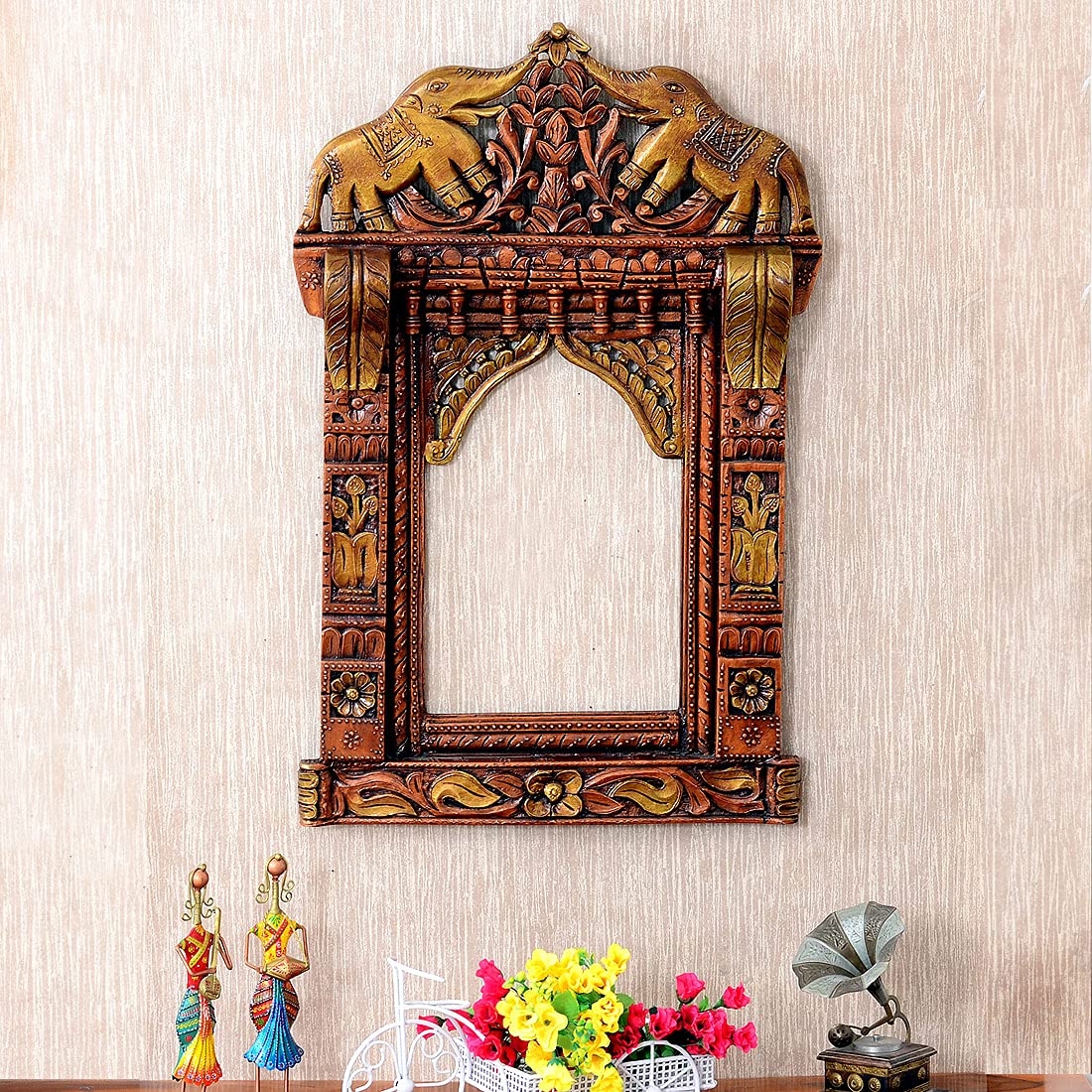 Solid Wood Elephant Decorative 24 Inch Jharokha Wall Hanging