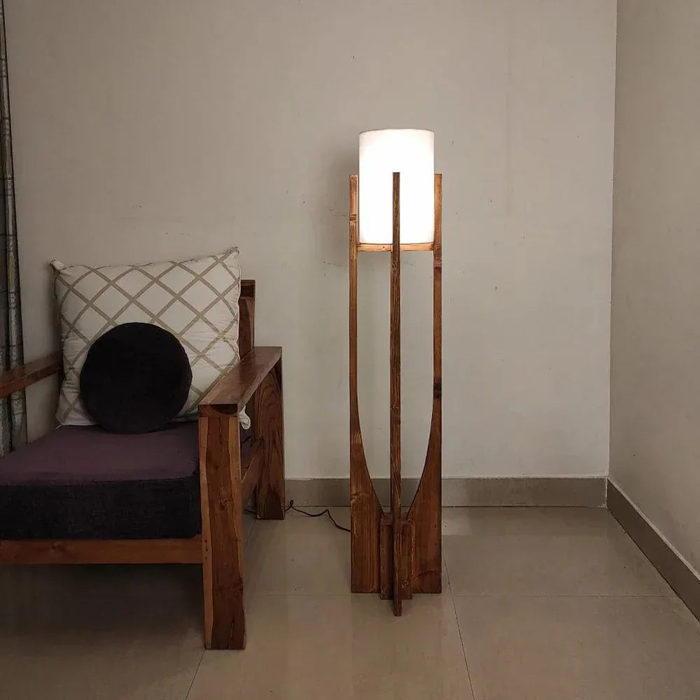 Solitaire Wooden Floor Lamp with White Fabric Lampshade - ArtyCraftz.com