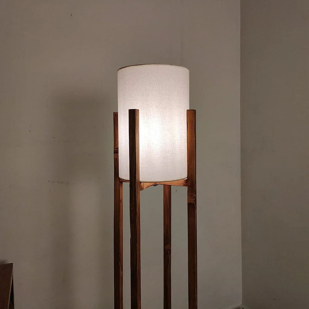 Solitaire Wooden Floor Lamp with White Fabric Lampshade - ArtyCraftz.com