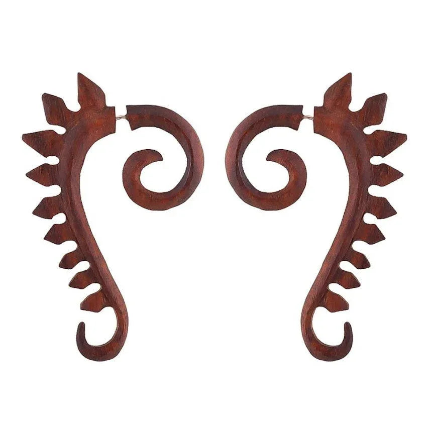 Sono wood Tribal Big Fake Gauge Spade Earrings 2.7" - ArtyCraftz.com