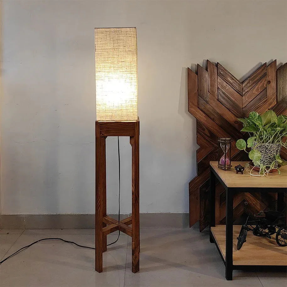 Sputnik Wooden Floor Lamp with Brown Base and Beige Fabric Lampshade - ArtyCraftz.com