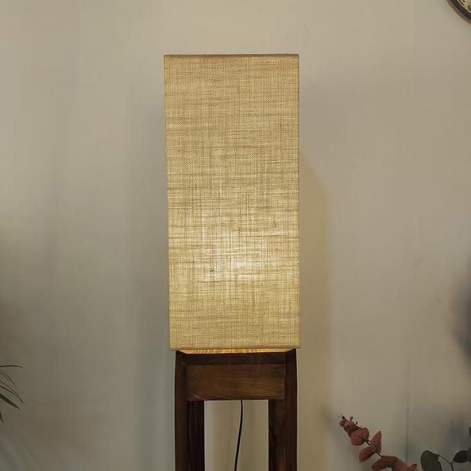 Sputnik Wooden Floor Lamp with Brown Base and Beige Fabric Lampshade - ArtyCraftz.com