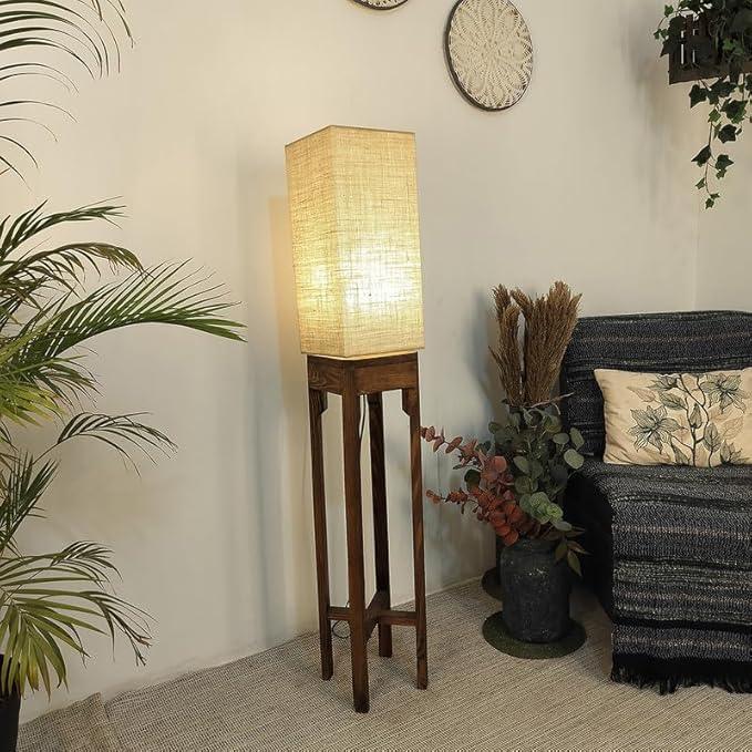 Sputnik Wooden Floor Lamp with Brown Base and Beige Fabric Lampshade - ArtyCraftz.com