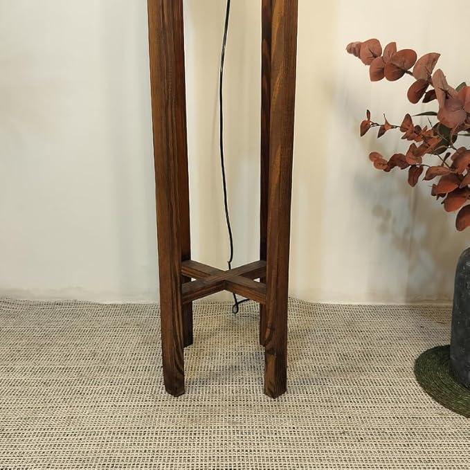 Sputnik Wooden Floor Lamp with Brown Base and Beige Fabric Lampshade - ArtyCraftz.com