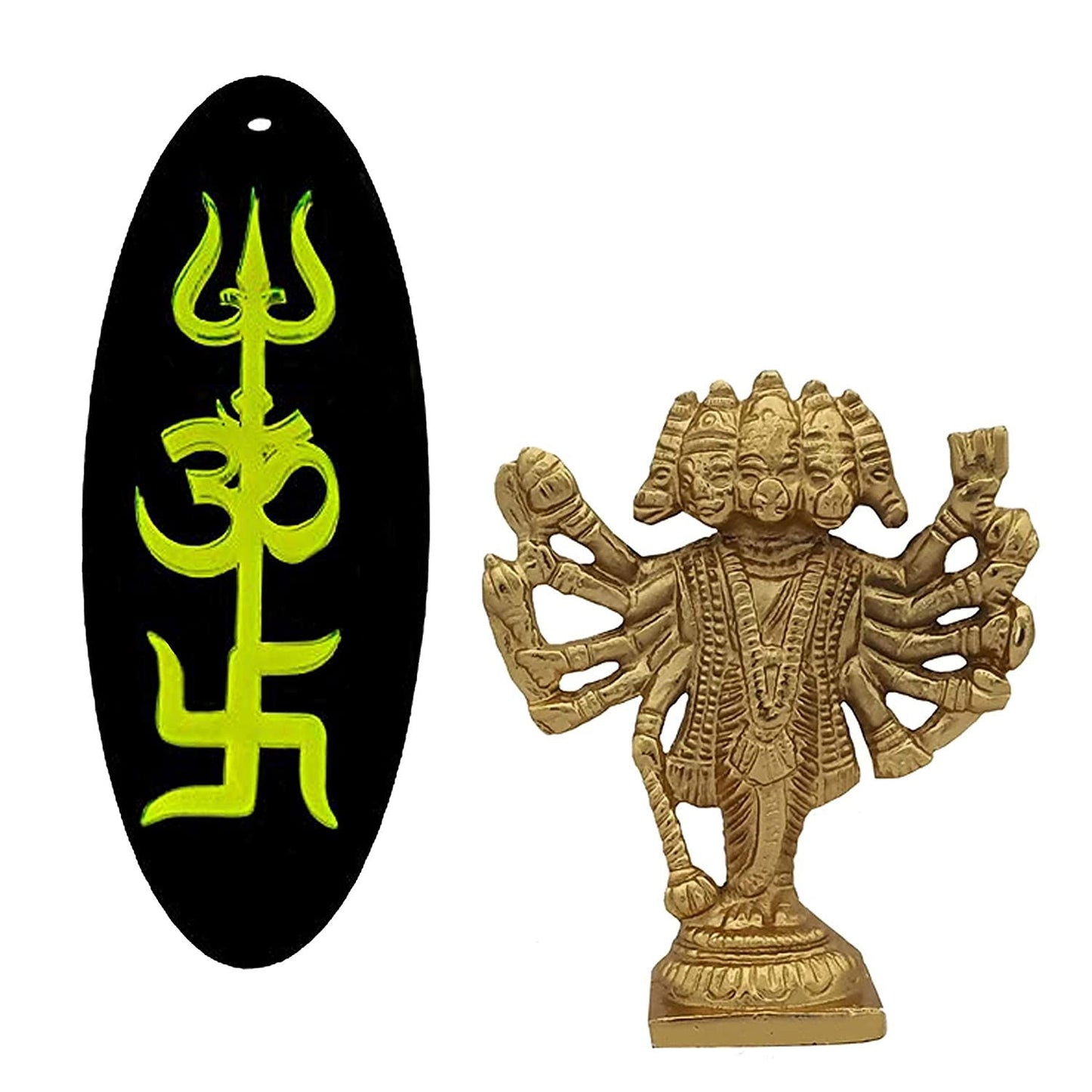 Sri Panchmukhi Hanuman Idol Murti Trishakti Yantra Shiva Trishul, Om Sign, Swastik Good Luck Charm Single Sided Green Home Wall Decor - ArtyCraftz.com
