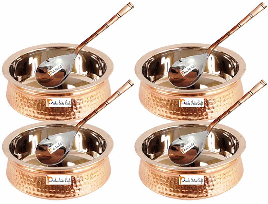 Stainless Steel Copper Handi Bowl with 4 Serving Spoon, Serveware & Tableware | Capacity 500 ML, 2 No | Set of 4 - ArtyCraftz.com