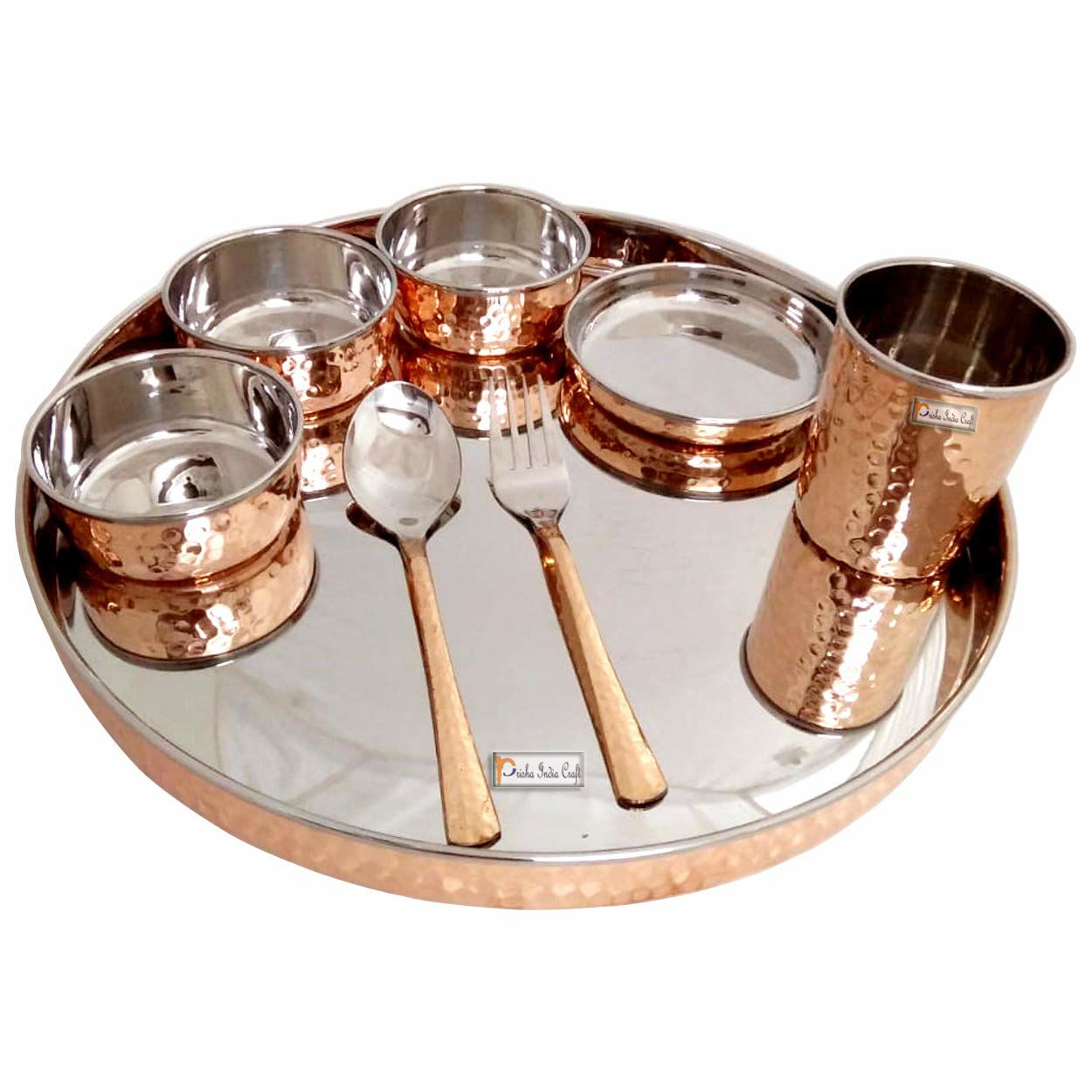 Steel Copper Dinner Thali Set Diameter 13", 1 Thali, 1 Spoon, 1 Fork, 1 Tumbler, 3 Serving Bowls,1 Dessert Bowl - ArtyCraftz.com