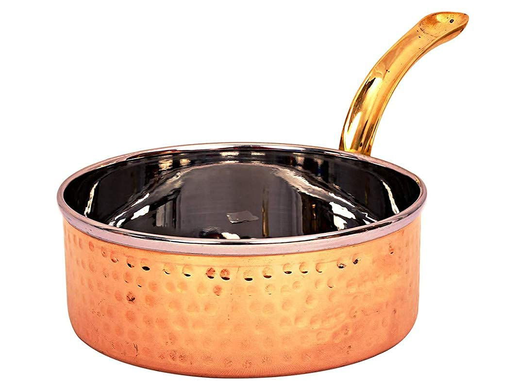 Steel Copper Hammered Design Serving Sauce Pan with Brass Handle (600 ML) - ArtyCraftz.com