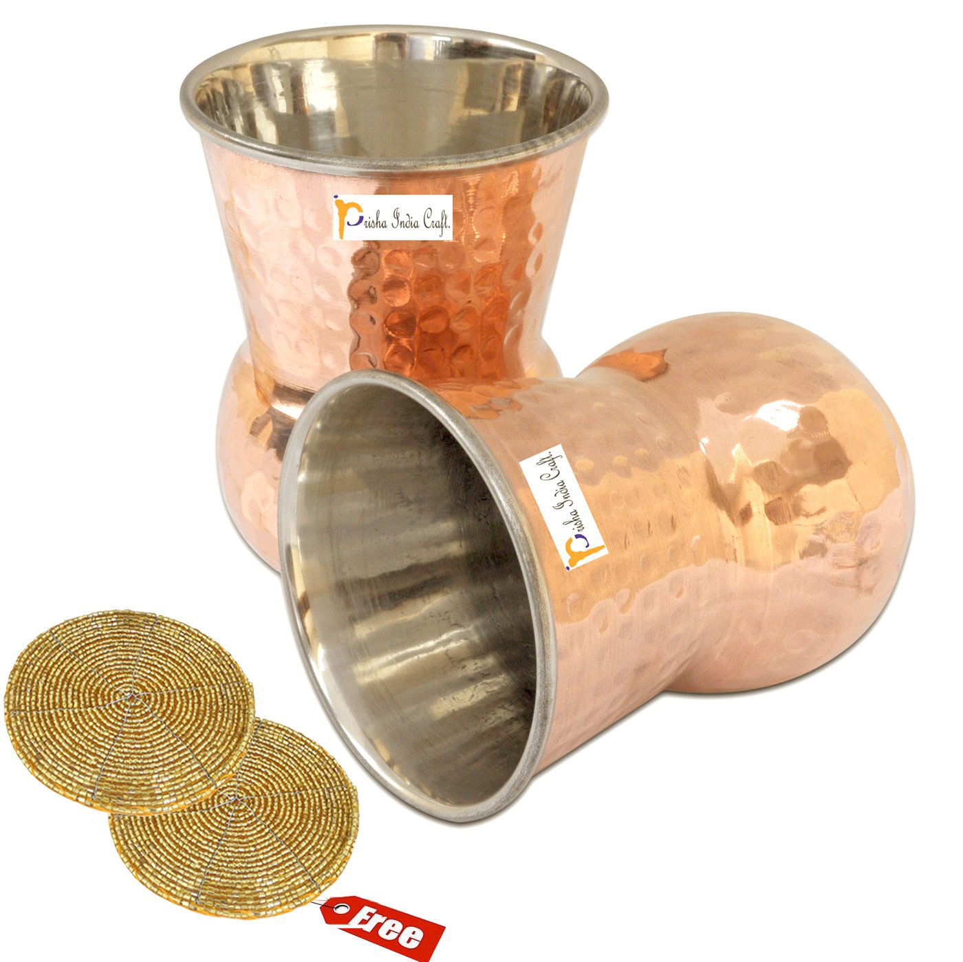 Steel Copper Muglai Matka Hammered Design Glass Tumbler, Capacity 350 ML, Set of 2 - ArtyCraftz.com