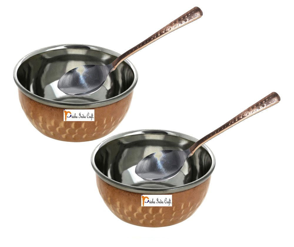 Steel Copper Serving Bowl with Spoon Set, Hammered Design, Capacity 150 ML, Set of 2 - ArtyCraftz.com