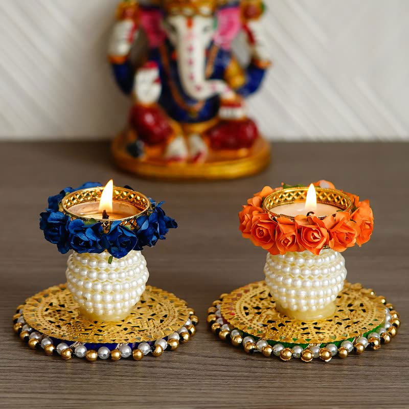 Mesmerizing Blue & Orange Matki Tealight Holder Festive Diya with Pearls/Stones, Diwali Home Decoration Items- Diya Candle Lights, Diyas for puja, Christmas Decorative Diwali Gift (10 Pcs) - ArtyCraftz.com