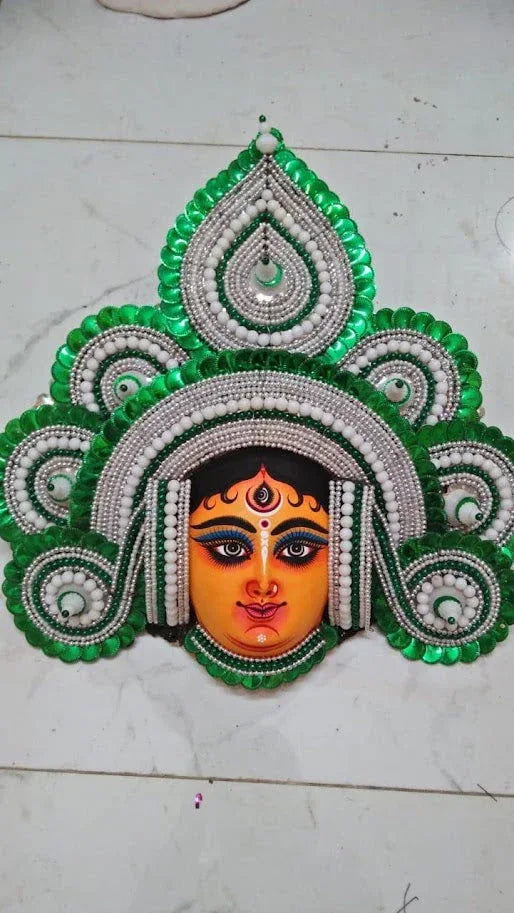 Striking Green & Silver Durga Paper Mache Chhau Mask - ArtyCraftz.com