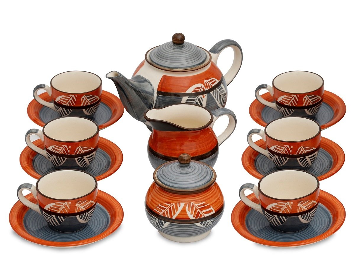 Studio Pottery Ceramic Tea Set with 6 Cups, Saucers, Teapot, Milk Pot & Sugar Pot-ArtyCraftz.com