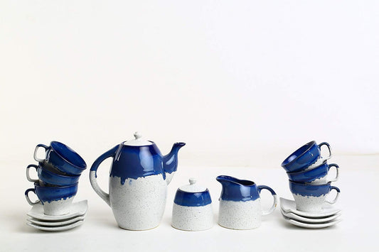 Studio Pottery Ceramic Tea Set with 6 Cups, Saucers, Teapot, Milk Pot & Sugar Pot-ArtyCraftz.com