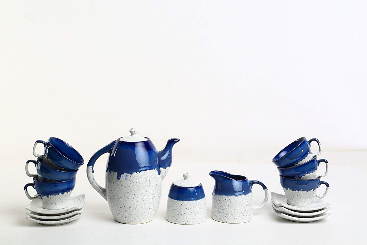 Studio Pottery Ceramic Tea Set with 6 Cups, Saucers, Teapot, Milk Pot & Sugar Pot-ArtyCraftz.com