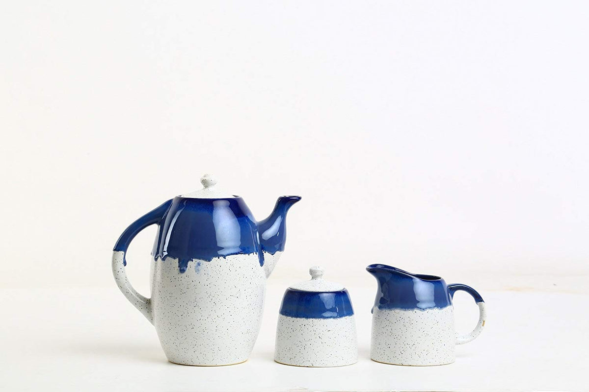 Studio Pottery Ceramic Tea Set with 6 Cups, Saucers, Teapot, Milk Pot & Sugar Pot-ArtyCraftz.com