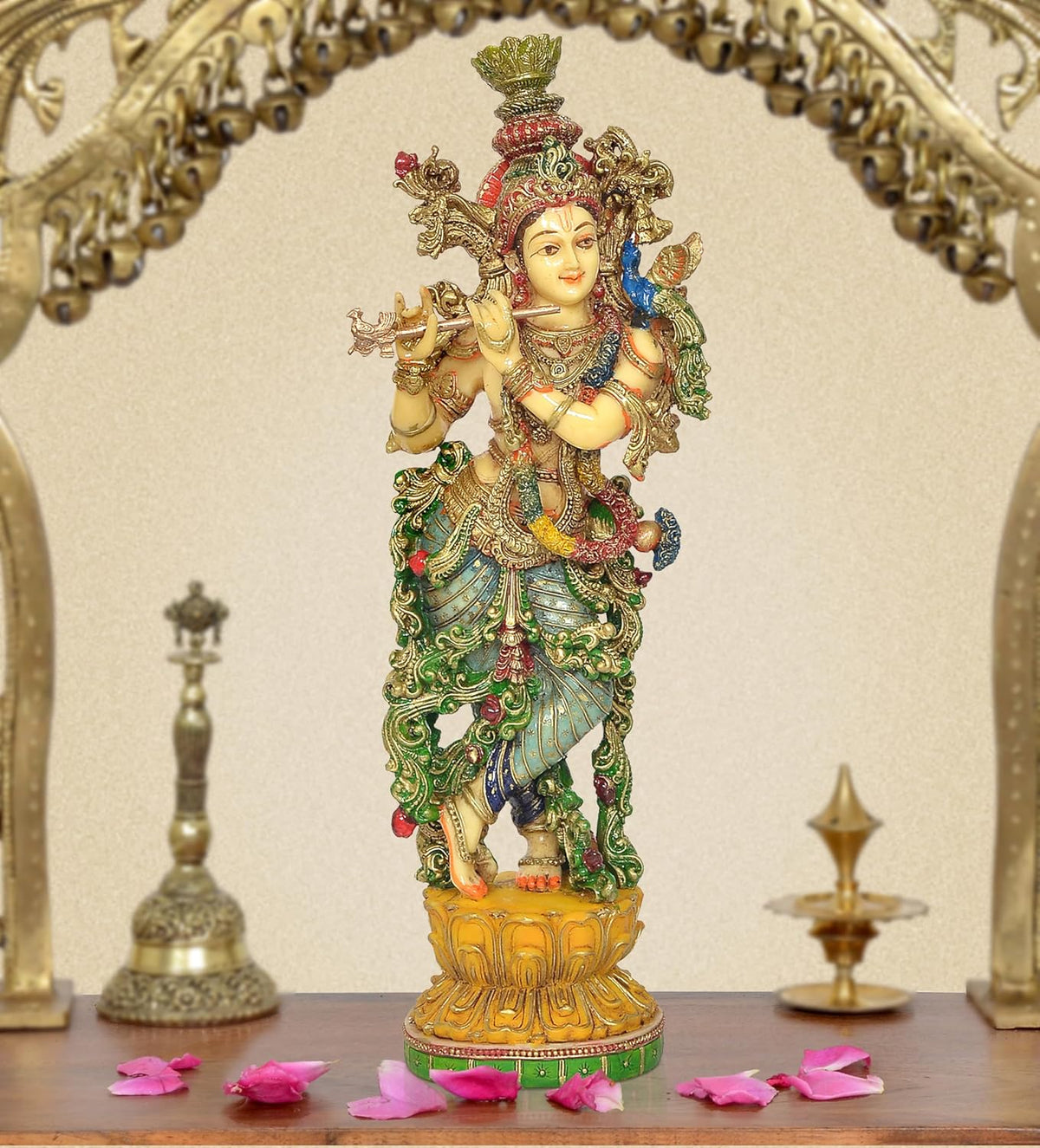 Stunning 14-Inch Multicolor Krishna with Flute on Lotus Base Statue-ArtyCraftz.com