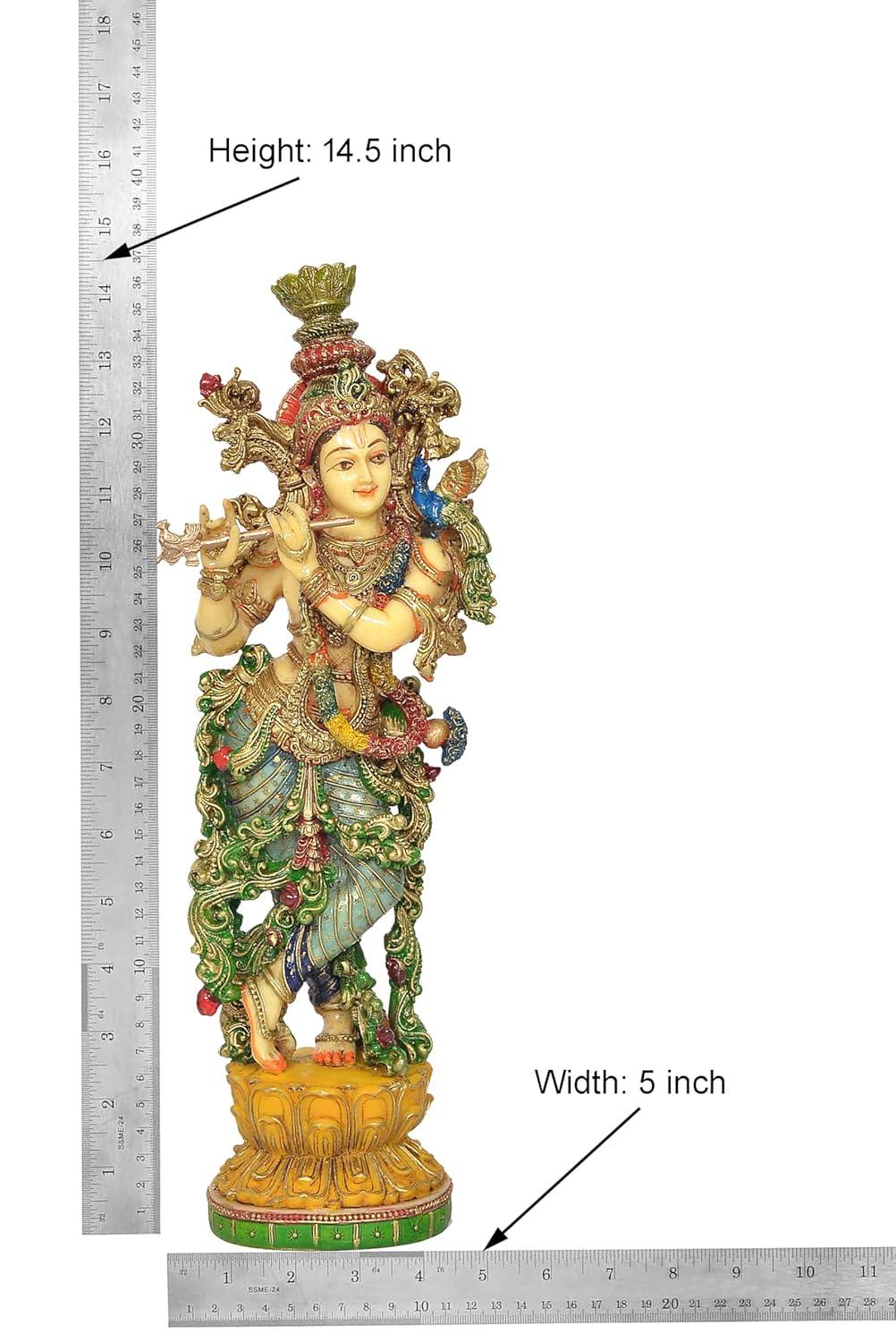 Stunning 14-Inch Multicolor Krishna with Flute on Lotus Base Statue-ArtyCraftz.com