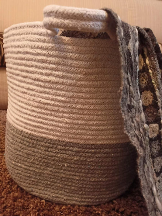 Stylish Grey & White Eco-Friendly Jute and Cotton Laundry Basket-ArtyCraftz.com