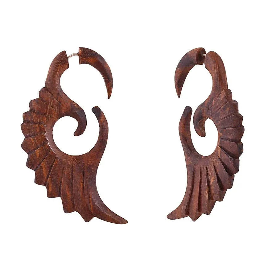 Swan Sankofa Wings Carved Tribal Fake Gauge Earrings 2.7" - ArtyCraftz.com