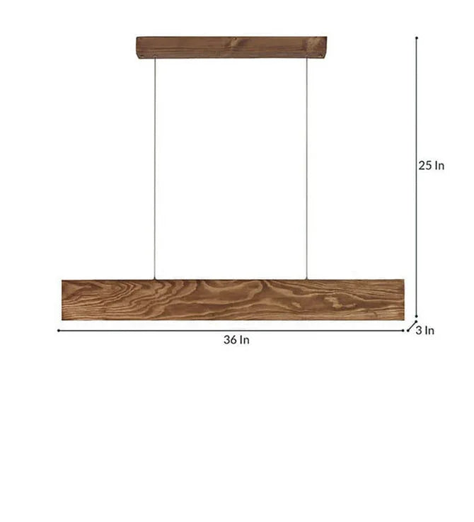 Wooden pendant light with dimensions on a white background