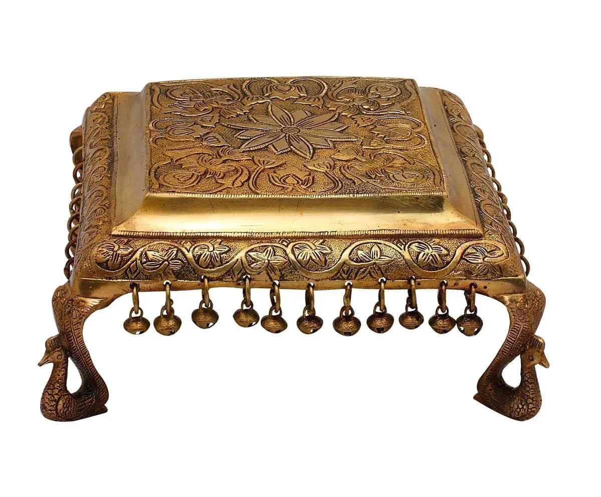 Temple Chowki- Golden Color - Peacock Pedestal - Brass - Home Decor - 5" - ArtyCraftz.com