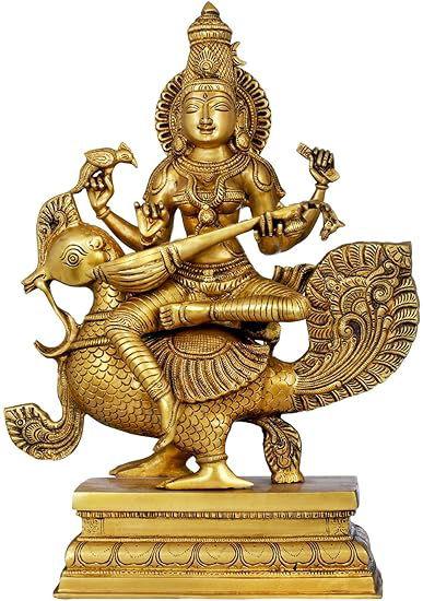 Temple Saraswati Seated Her Swan - Brass Statue - ArtyCraftz.com