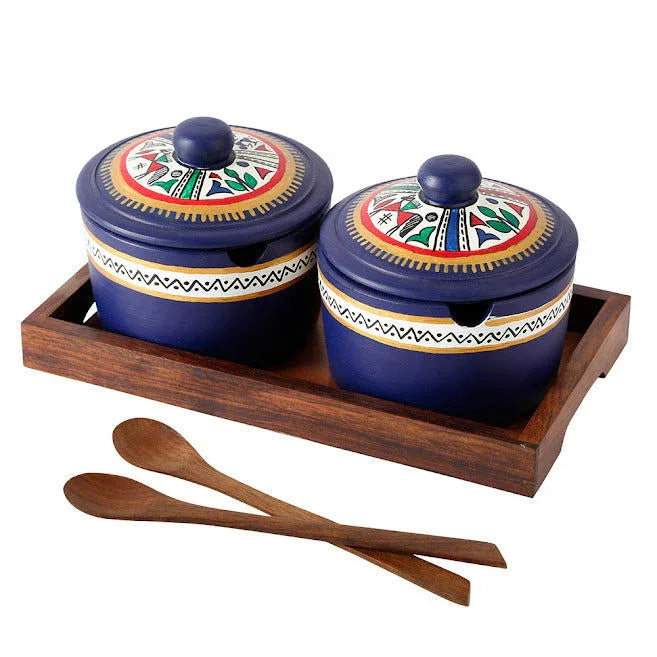 Terracotta Blue Pickle Jar Set Of 2 With Sheesham Tray And Spoon - Spice Rack, Spice Jar Container, Masala Dabba, Refreshers Box, Kitchen Storage & Containers, Chutney Jars, Chutney Box, Chutney Container, Pickle Container Set - ArtyCraftz.com