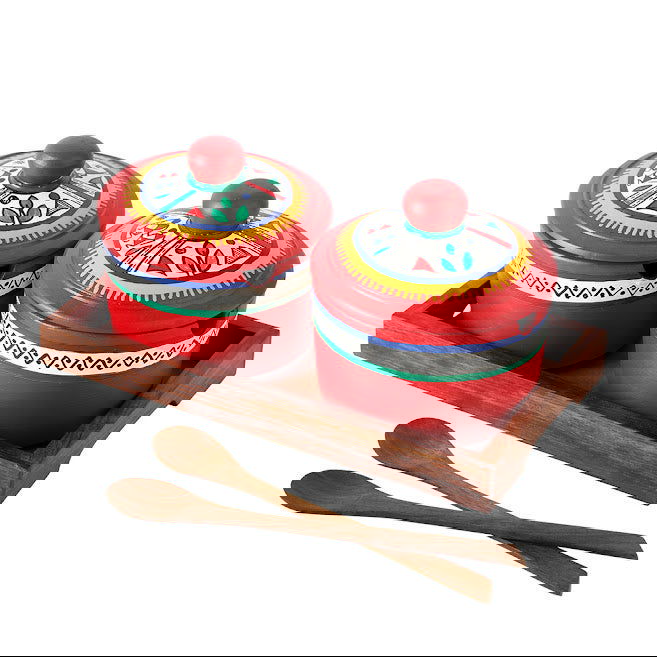 Terracotta Red Pickle Jar Set Of 2 With Sheesham Tray And Spoon - Spice Rack, Spice Jar Container Masala Dabba, Refreshers Box, Kitchen Storage & Containers, Chutney Jars, Chutney Box - ArtyCraftz.com