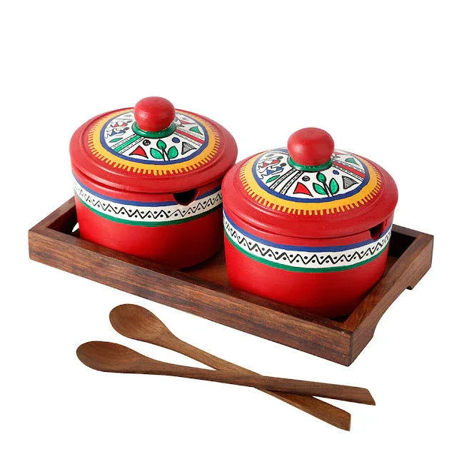 Terracotta Red Pickle Jar Set Of 2 With Sheesham Tray And Spoon - Spice Rack, Spice Jar Container Masala Dabba, Refreshers Box, Kitchen Storage & Containers, Chutney Jars, Chutney Box - ArtyCraftz.com
