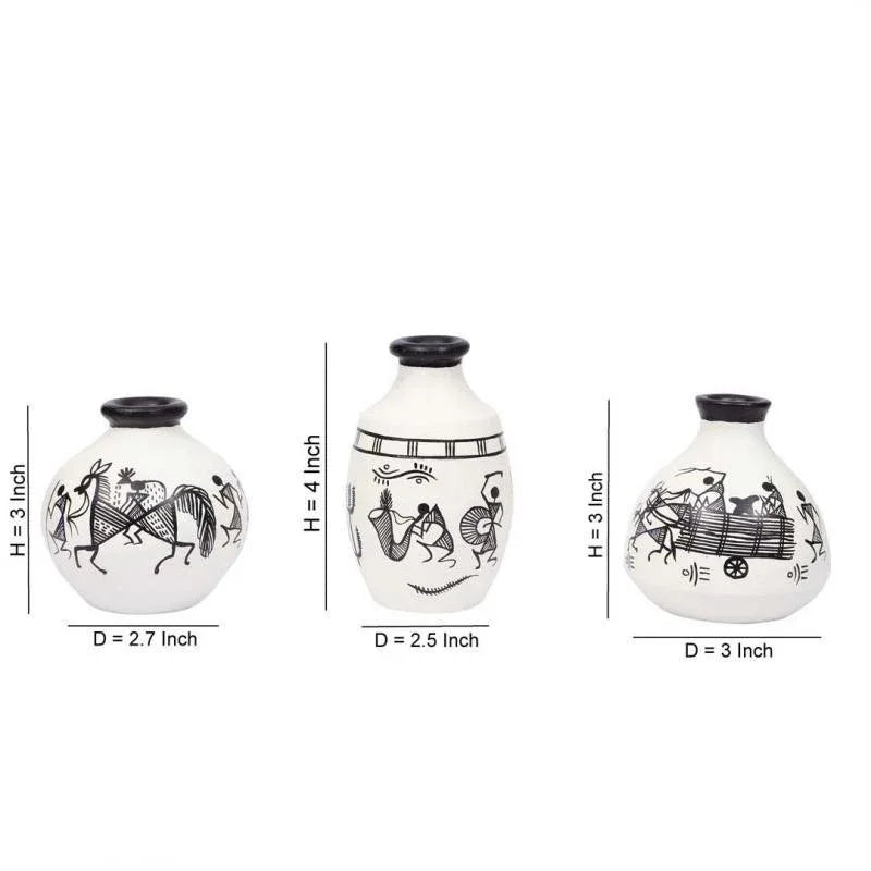Terracotta Table Pots Warli Handpainted Miniature White Set Of 3 - ArtyCraftz.com