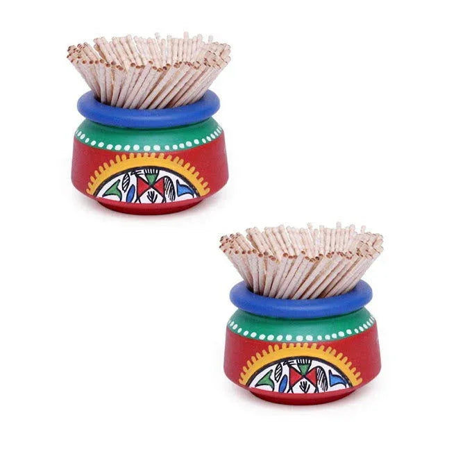 Terracotta Toothpick Holder Set Of 2 Warli Handpainted Red - Toothpick dispenser - ArtyCraftz.com