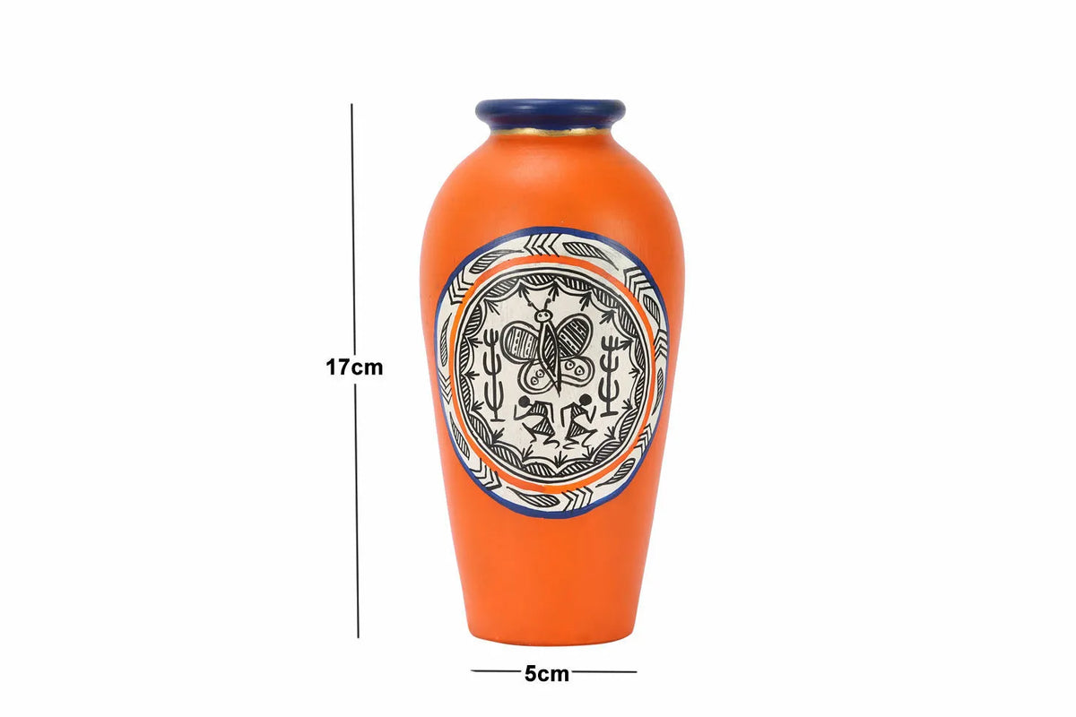 Terracotta Vase Warli Handpainted Tappered Orange 6 Inch For Gift Item - ArtyCraftz.com