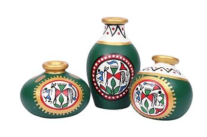 Terracotta Warli Handpainted MIniature Green Table Pots - Flower Vase - ArtyCraftz.com