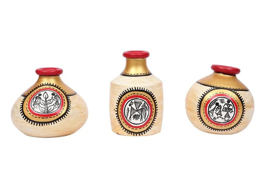 Terracotta Warli Shimmer Miniature Gold Table Pots - Set Of 3 - ArtyCraftz.com