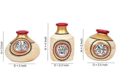 Terracotta Warli Shimmer Miniature Gold Table Pots - Set Of 3 - ArtyCraftz.com