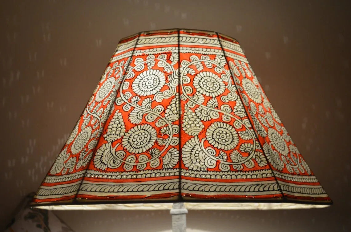 Tholu Bommalata Red Floral Design Leather Lamp Shade-ArtyCraftz.com