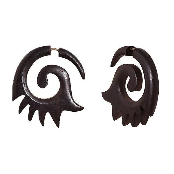 Tibetan Antique Wooden Carved African Tribal Big Fake Gauge Earrings 1.5" - ArtyCraftz.com