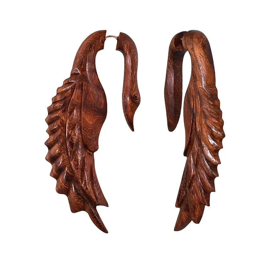 Tibetan Antique Wooden Carved African Tribal Big Fake Gauge Earrings 3.2" - ArtyCraftz.com