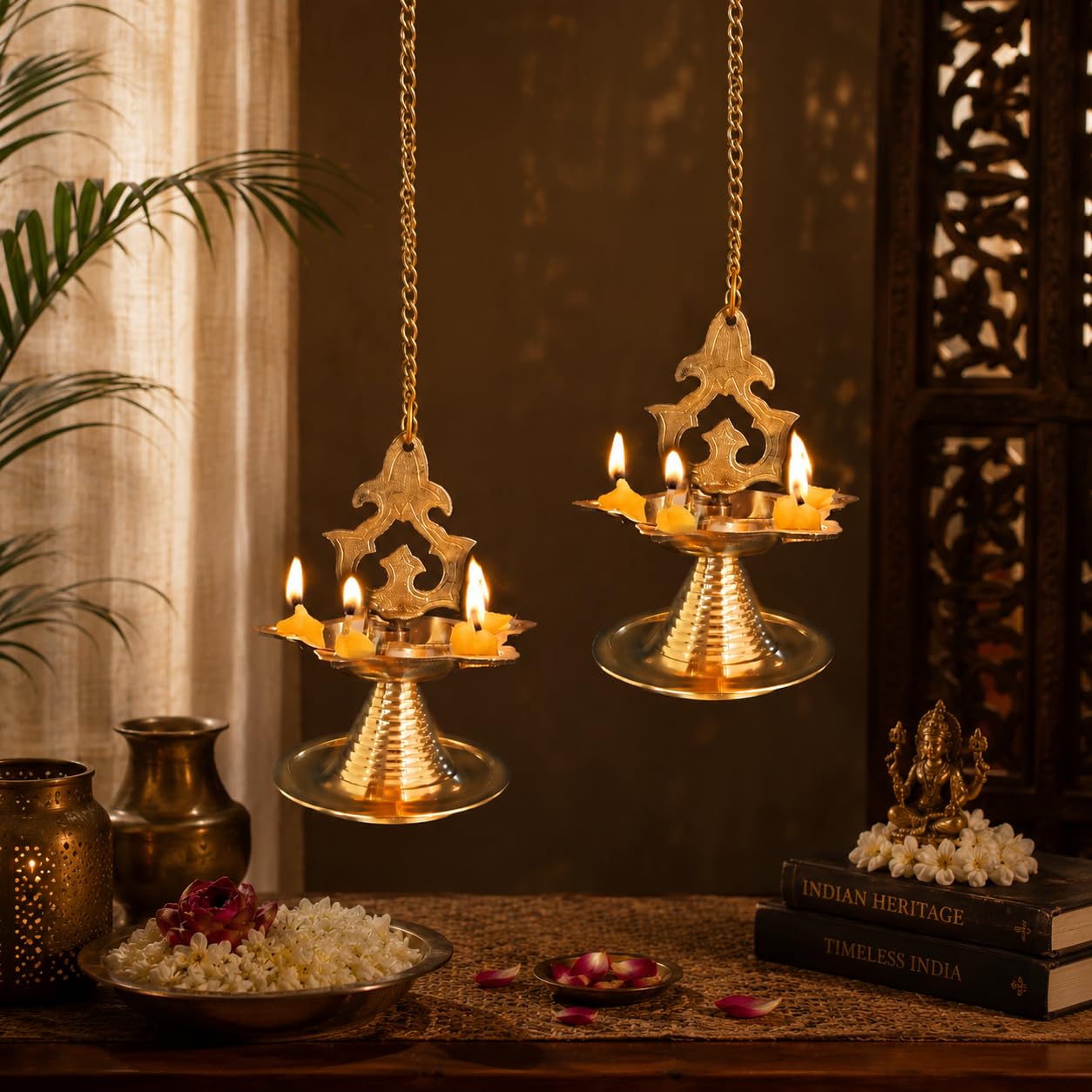 Traditional brass Thooku Vilakku hanging oil lamp with chain for pooja decor-Artycraftz.com