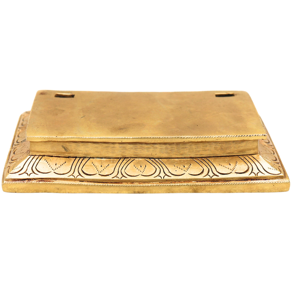 Traditional golden brass chowki with raised rectangular platform and engraved decorative patterns, 19 cm-arttycraftz.com
