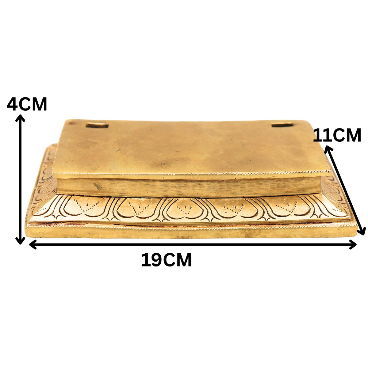 Traditional golden brass chowki with raised rectangular platform and engraved decorative patterns, 19 cm-arttycraftz.com