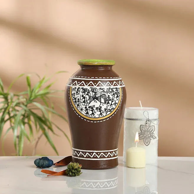 Tribal Melodies' Tapered Terracotta Vase With Warli Hand-Painting (8 Inch) - ArtyCraftz.com