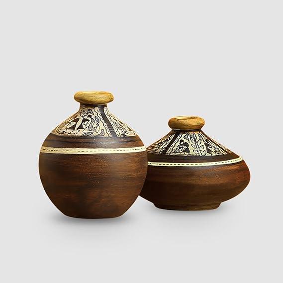 Tribal Melodies Warli Terracotta Pots In Natural Mud Brown (Set Of 2) - ArtyCraftz.com