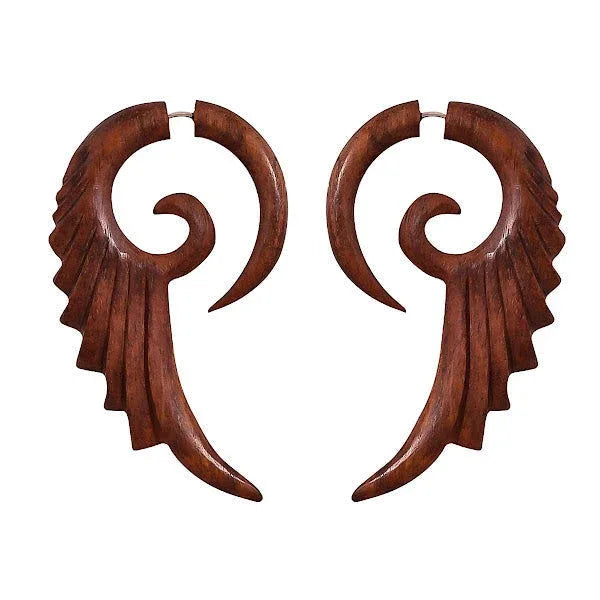 Tribal Organics Wooden Feathered Bird Style Fake Gauges Earrings, 2.8" - ArtyCraftz.com